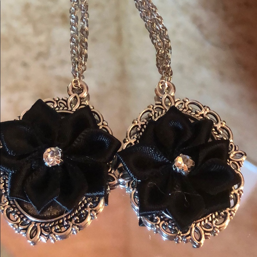 Black And Silver Flowered Dangly Long Earrings
